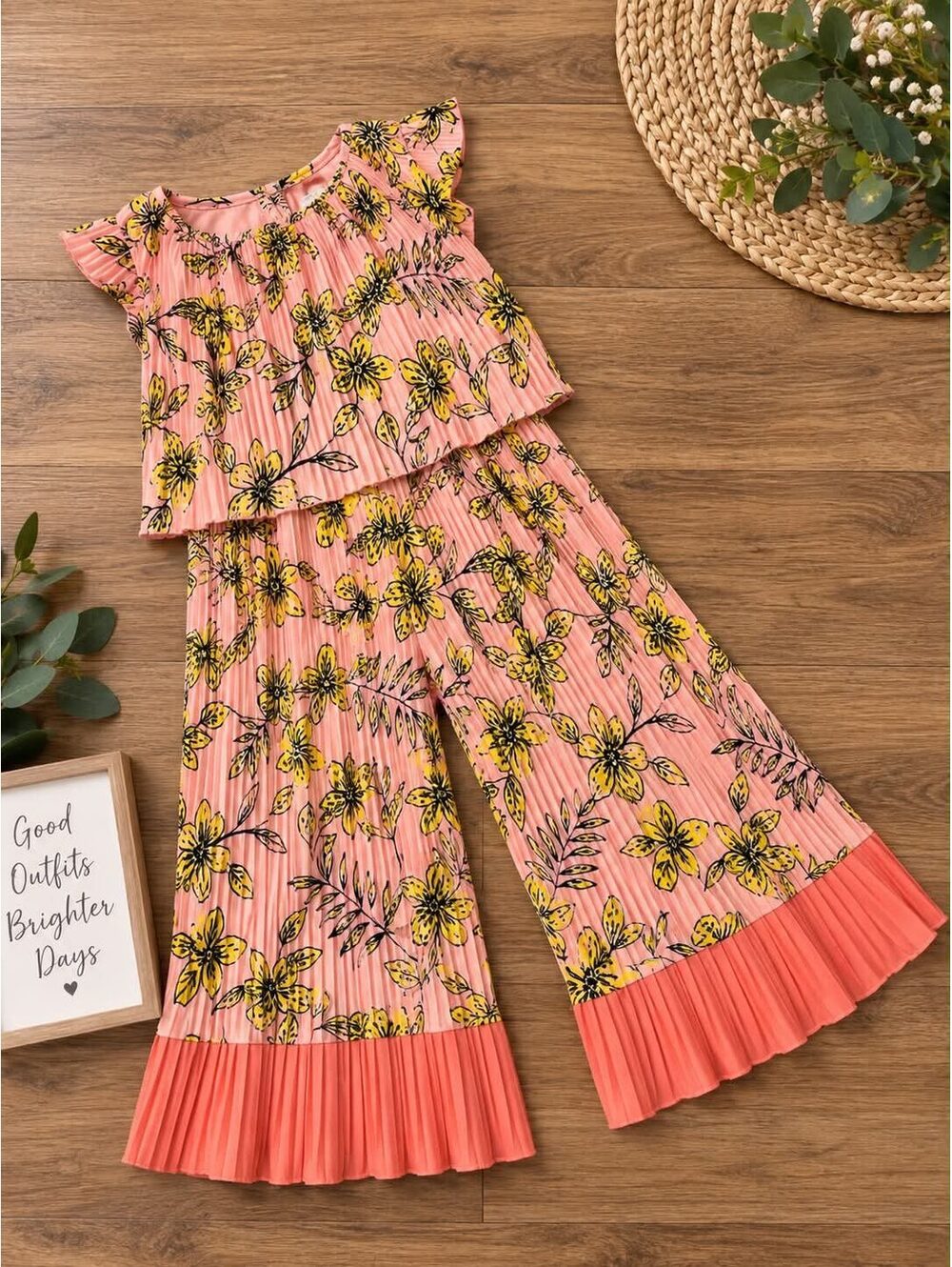 Sunset Sky Girls Pink Floral Pleated Two-Piece Outfit Size 4